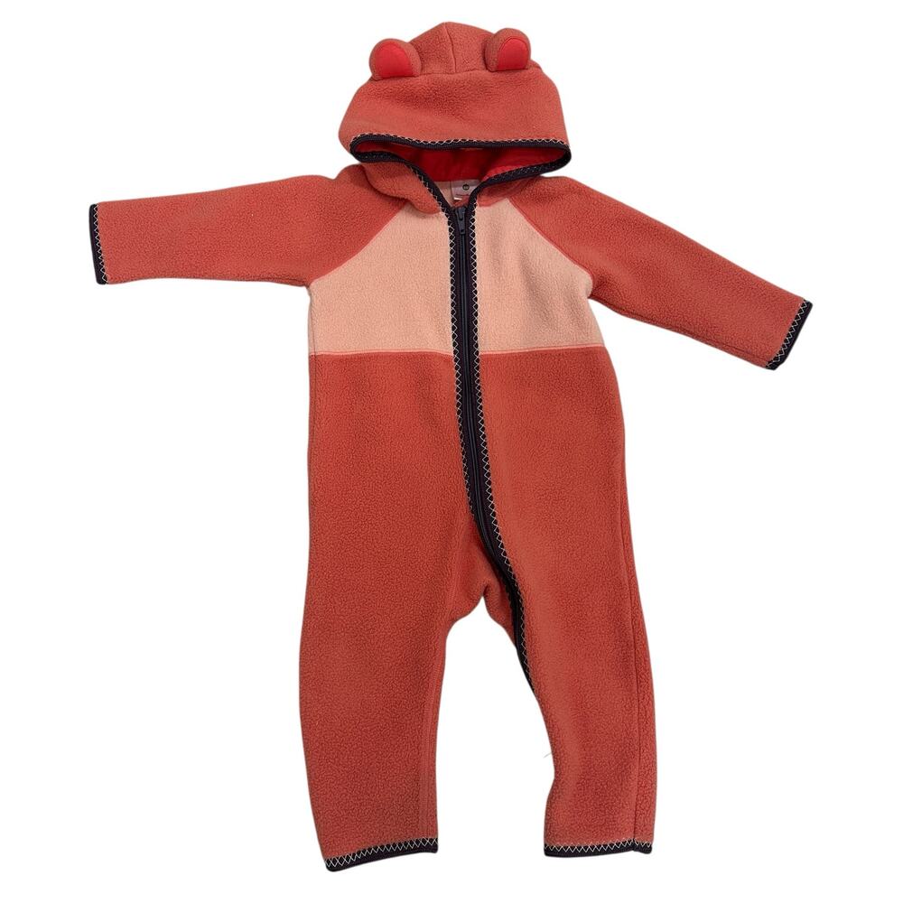 Hanna Andersson Fleece pink zip up Onesie. Teddy bear ears. Size 80 (18-24m)